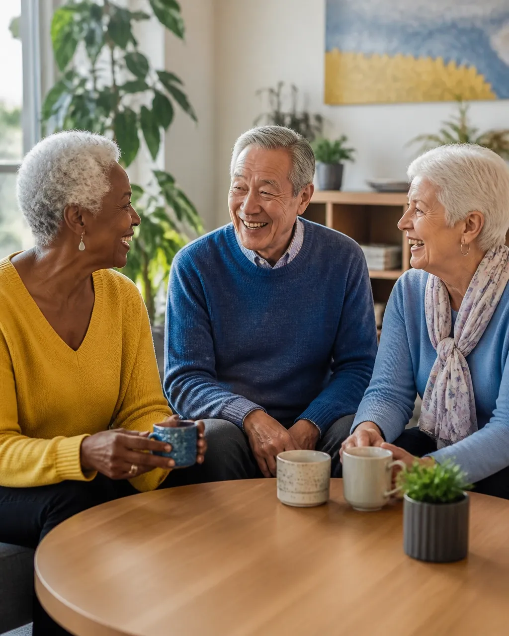 Three older adults smiling together in a welcoming community setting