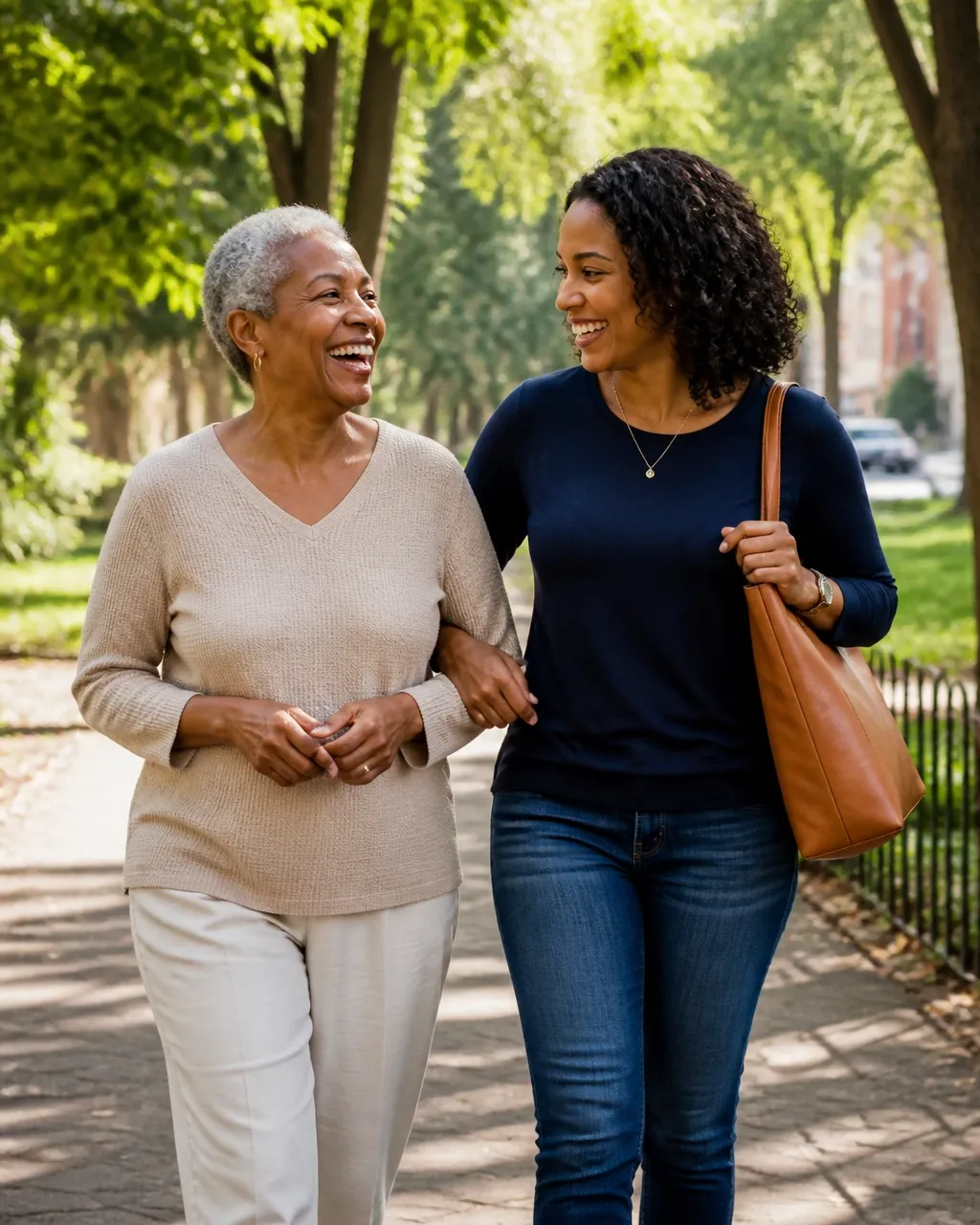 Older woman and adult daughter having a welcoming planning conversation outdoors