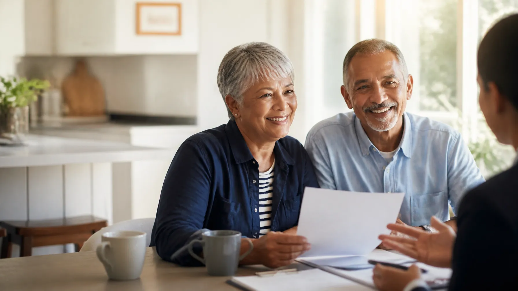 Happy older couple discussing their coverage options at home